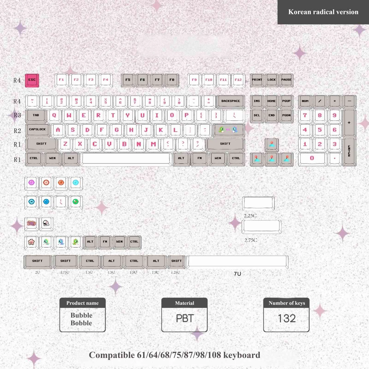 Vibrant pink Bubble Bobble MOA keycaps from all angles. Iconic dragon characters Bub and Bob bring playful retro arcade nostalgia.