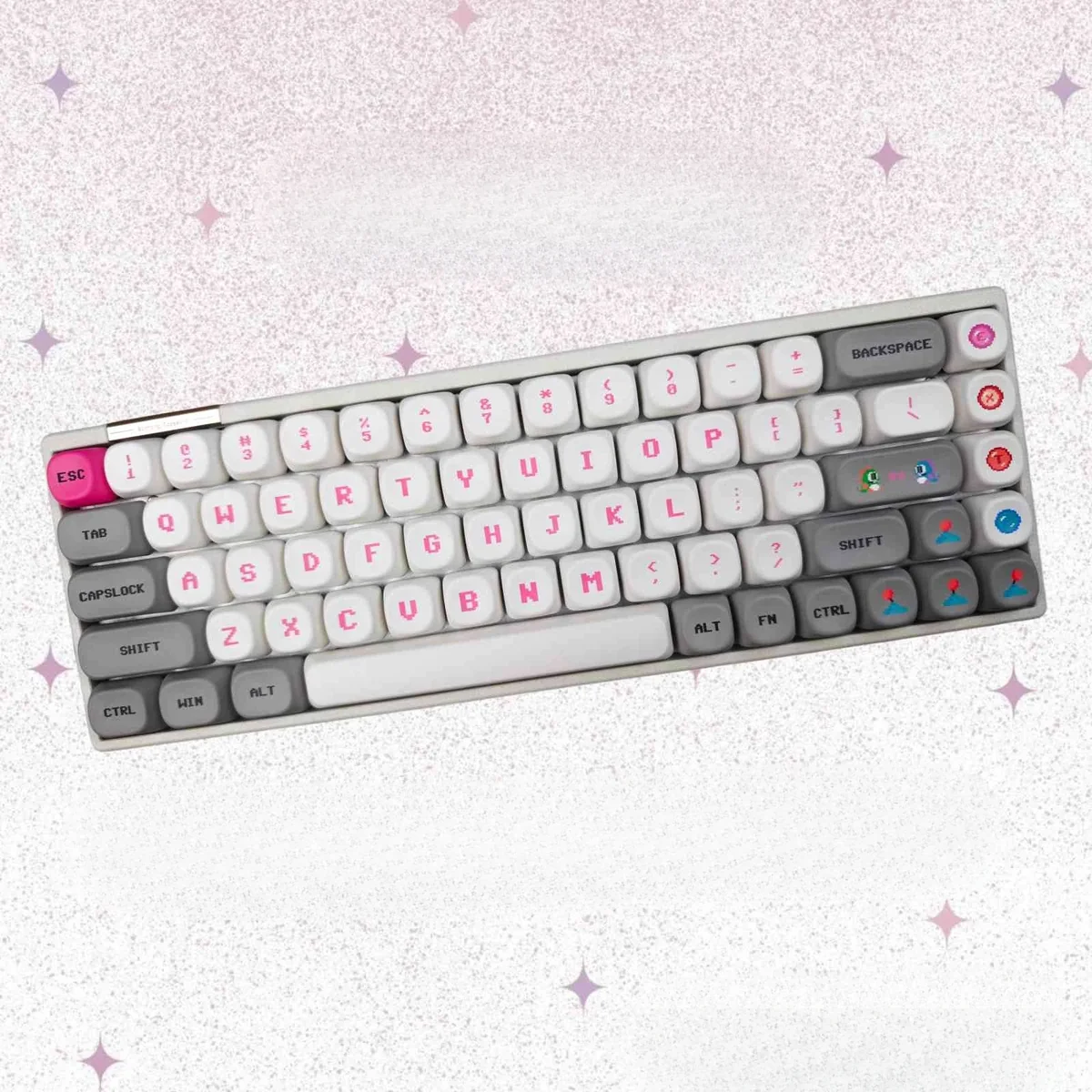 Vibrant pink Bubble Bobble MOA keycaps featuring iconic Bub and Bob, evoking playful retro arcade nostalgia. A must-have set for gaming fans.