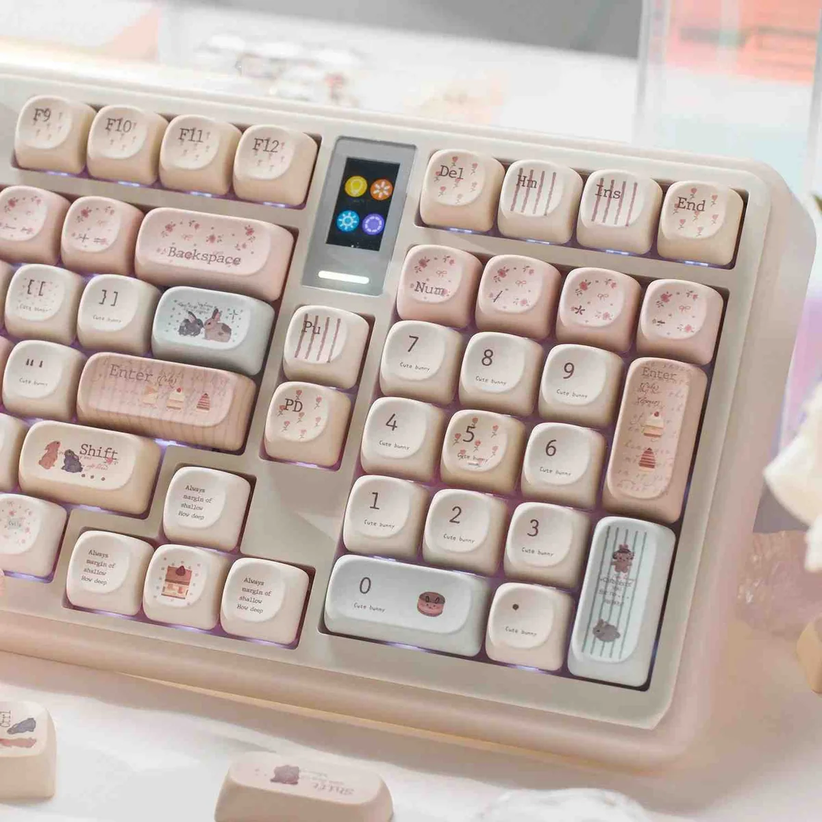 Bunny Dessert Party PBT MOA Keycaps set gallery, featuring charming pastel bunnies and sweet dessert motifs from all angles.