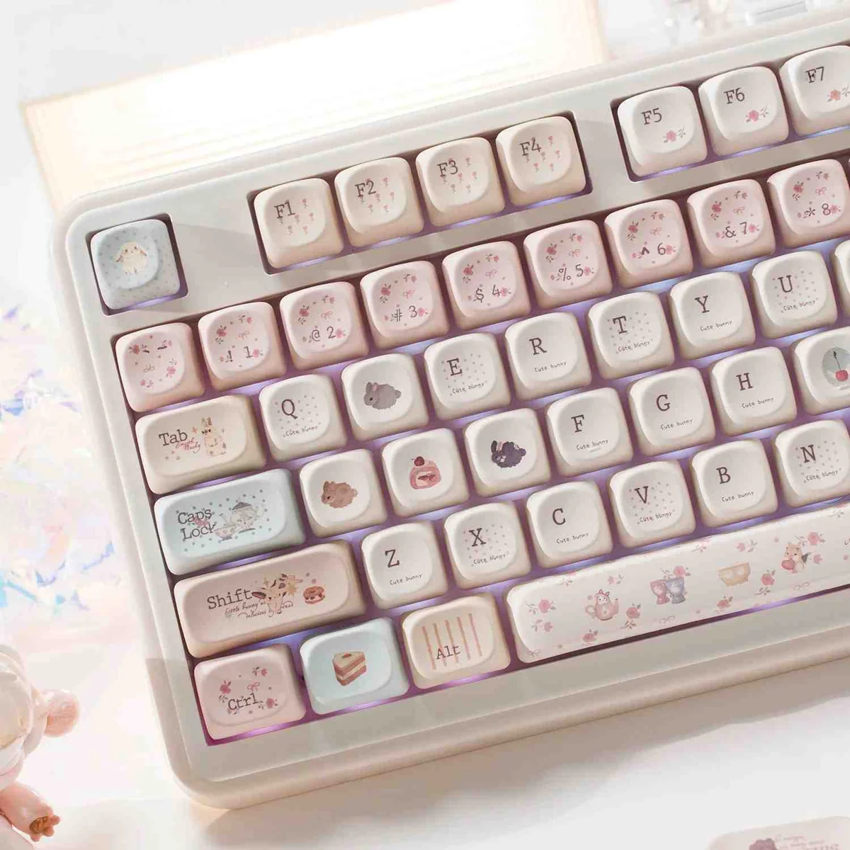 Bunny Dessert Party PBT MOA keycaps set, shown from various playful angles, highlighting charming pastel bunnies and sweet dessert motifs.