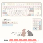 Showcasing multiple angles of the Bunny Dessert Party PBT MOA Keycaps, featuring adorable pastel bunnies and sweet dessert designs.