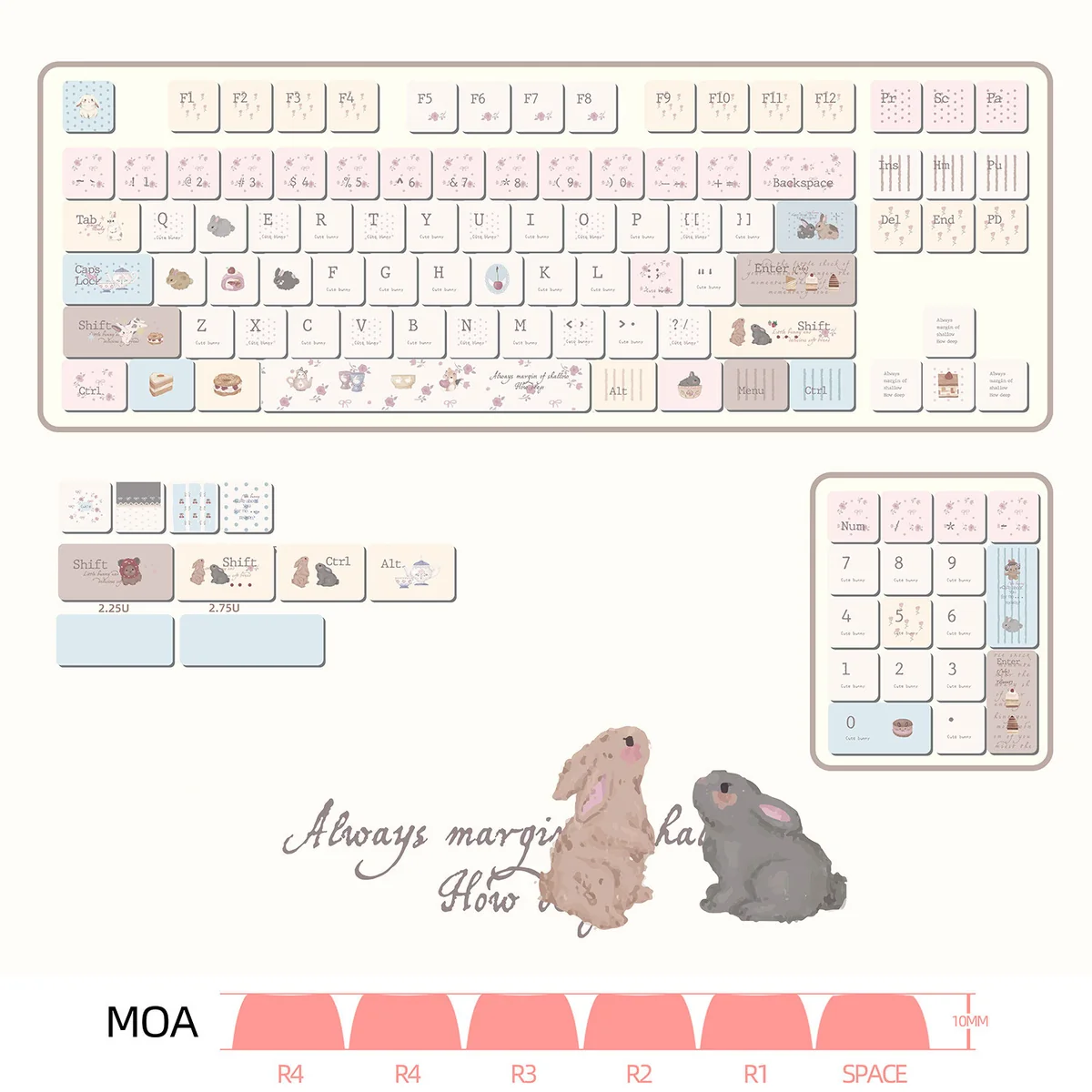Showcasing multiple angles of the Bunny Dessert Party PBT MOA Keycaps, featuring adorable pastel bunnies and sweet dessert designs.
