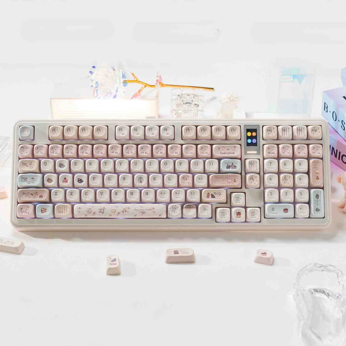 Bunny Dessert Party PBT MOA Keycaps set, showcasing charming pastel bunnies and sweet dessert motifs for a delightful keyboard.