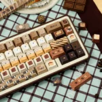 Tiramisu Keycaps PBT dye-sub set gallery. Indulgent design with warm coffee, cream, cocoa tones, shown from multiple angles for a premium, cozy keyboard.