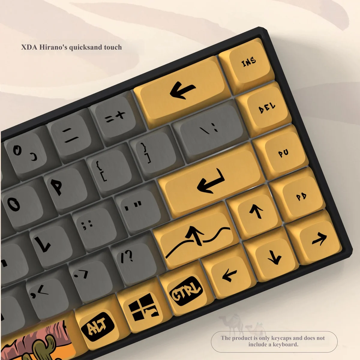 Artistic Camel XDA keycaps, showcasing uniform XDA profile and unique desert-themed designs from various angles. Earthy tones evoke a nomadic spirit.