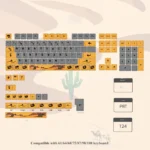 Camel XDA keycaps, showcasing various angles of the unique desert-themed set with earthy tones and nomadic designs, highlighting the uniform XDA profile.