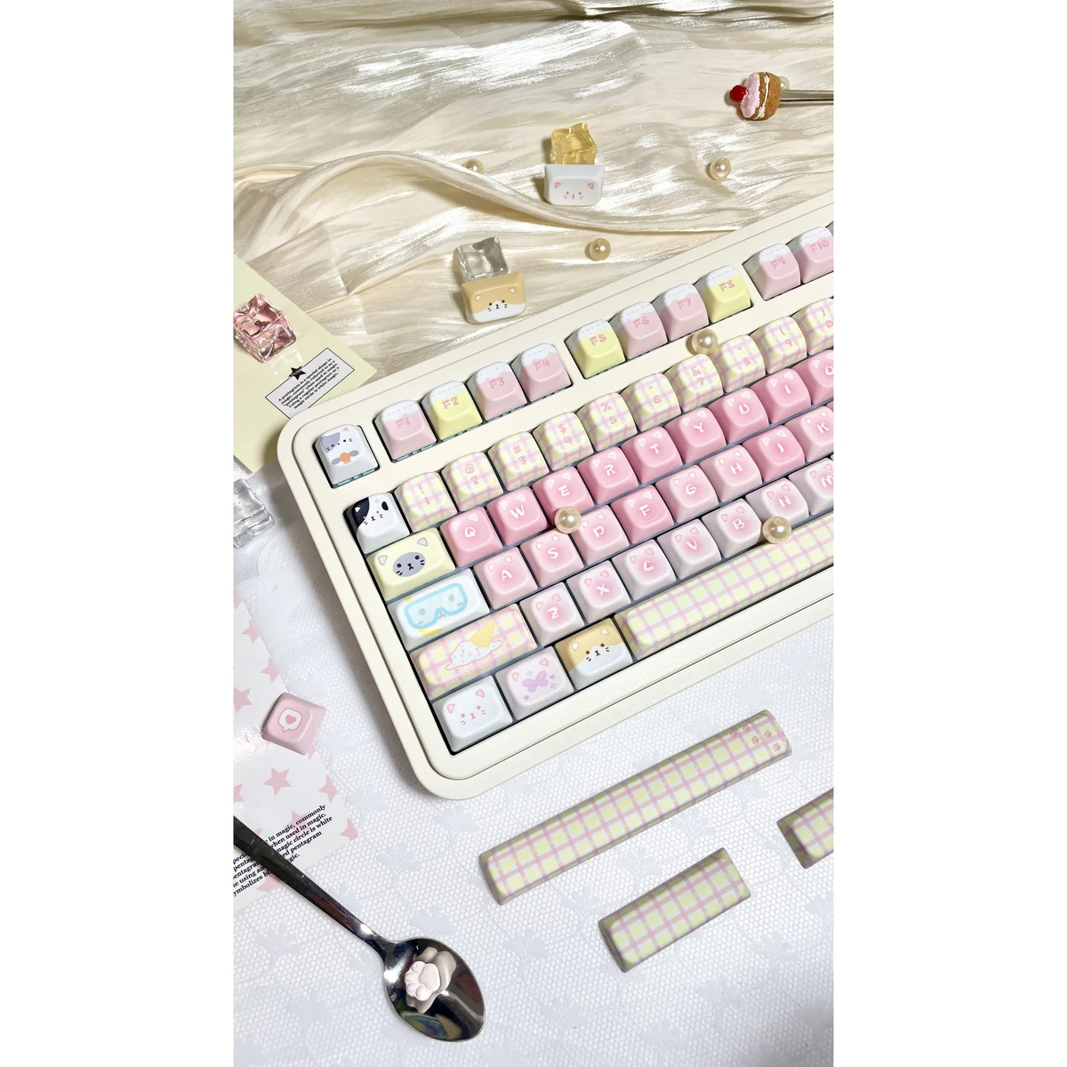 Whimsical Cat Squad PBT Dye-Sub Cat Keycaps Set, showcasing vibrant feline illustrations and durable dye-sublimation. Various angles highlight ergonomic design.