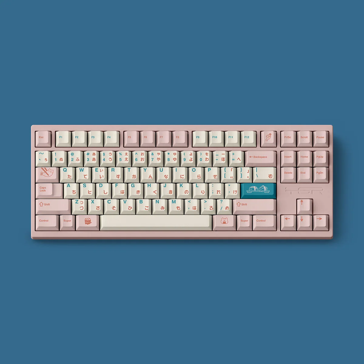 Detailed shot of the whimsical Cat Sushi PBT Dye-Sub keycap set, showcasing playful feline characters and vibrant sushi motifs on individual keys.
