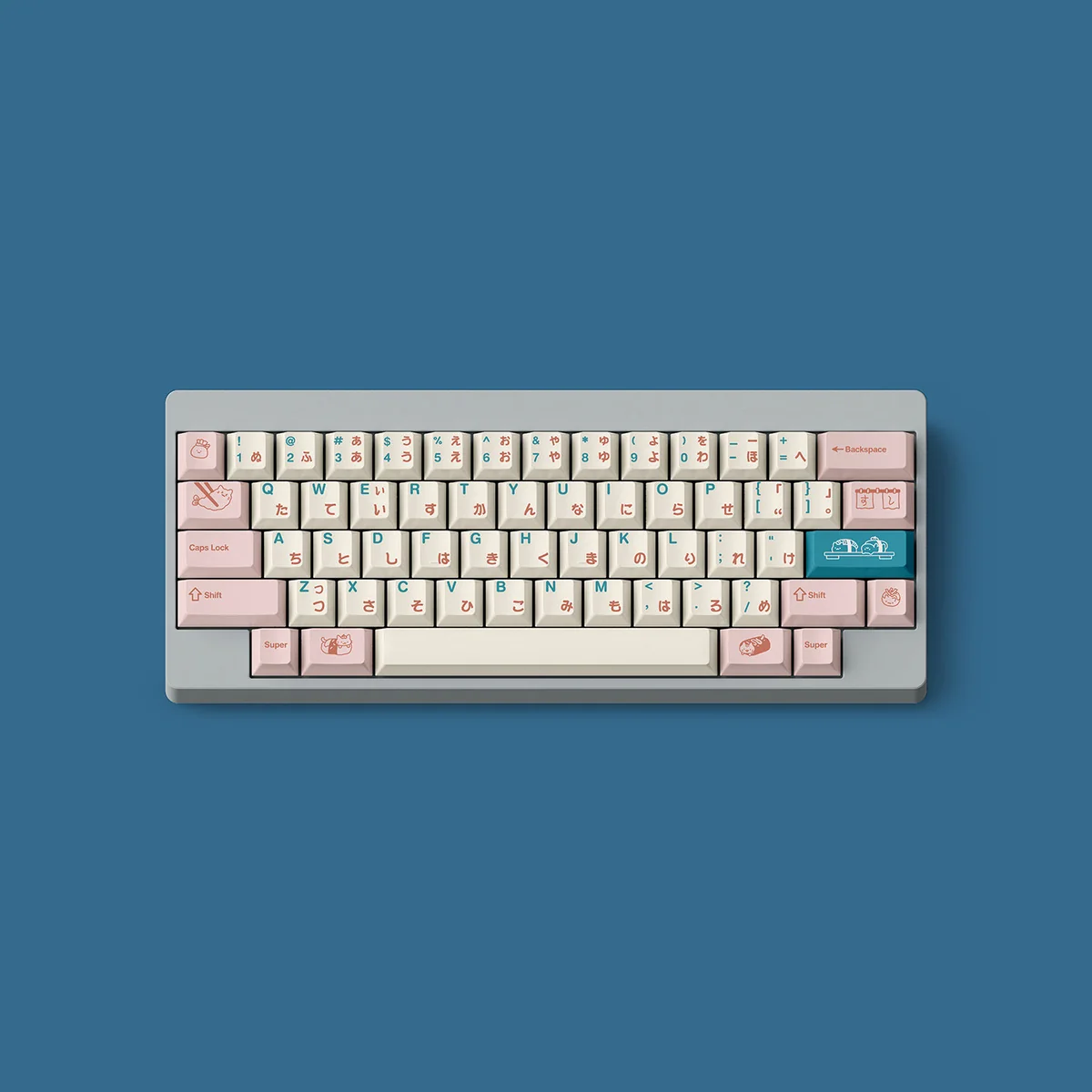 Whimsical Cat Sushi PBT Dye-Sub keycaps, uniquely angled. Showcases charming feline characters and vibrant sushi motifs. Meticulously detailed.