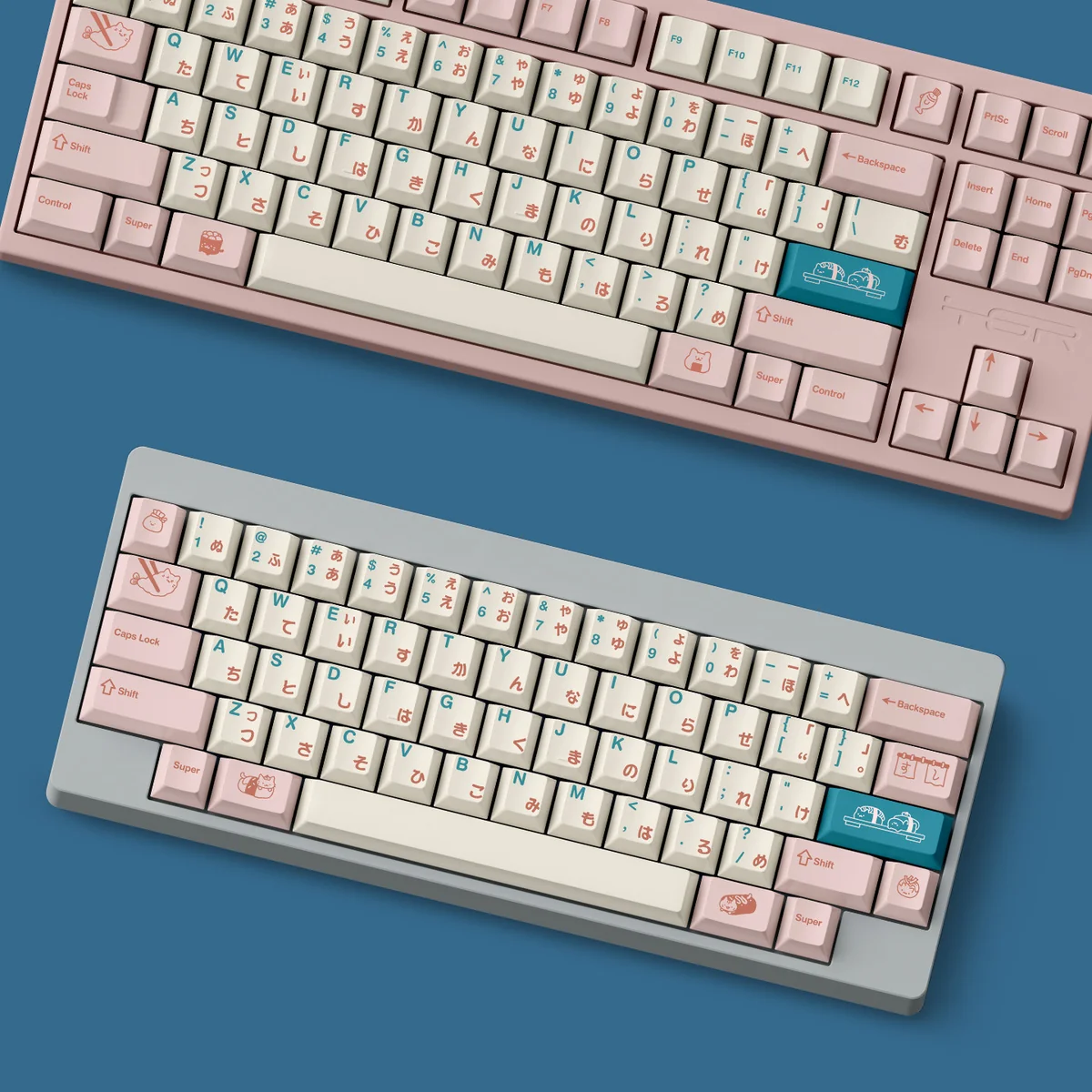 Unique Cat Sushi PBT Dye-Sub Keycaps set displaying charming feline characters and vibrant sushi designs for a playful, artistic keyboard.