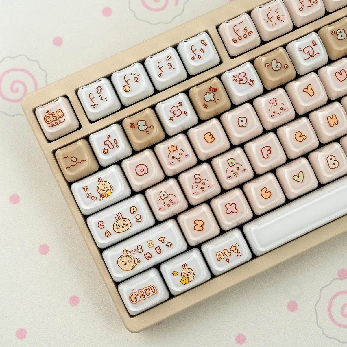 Whimsical Chiikawa Usagi Jelly MAO Keycaps, captured from a unique angle, revealing vibrant translucent characters and the exclusive MAO profile.