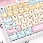 Charming Chiikawa Joke Bear PBT keycaps set, showcasing a close-up view of the playful Joke Bear characters in soft pastel hues.