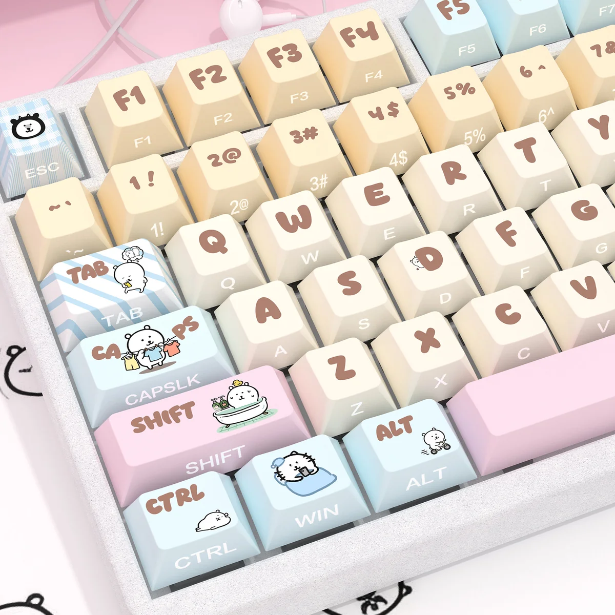 Charming Chiikawa Joke Bear PBT keycaps set, showcasing a close-up view of the playful Joke Bear characters in soft pastel hues.