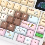 A close-up view of the charming Chiikawa Joke Bear PBT keycaps, revealing their whimsical side-printed legends and soft pastel hues.
