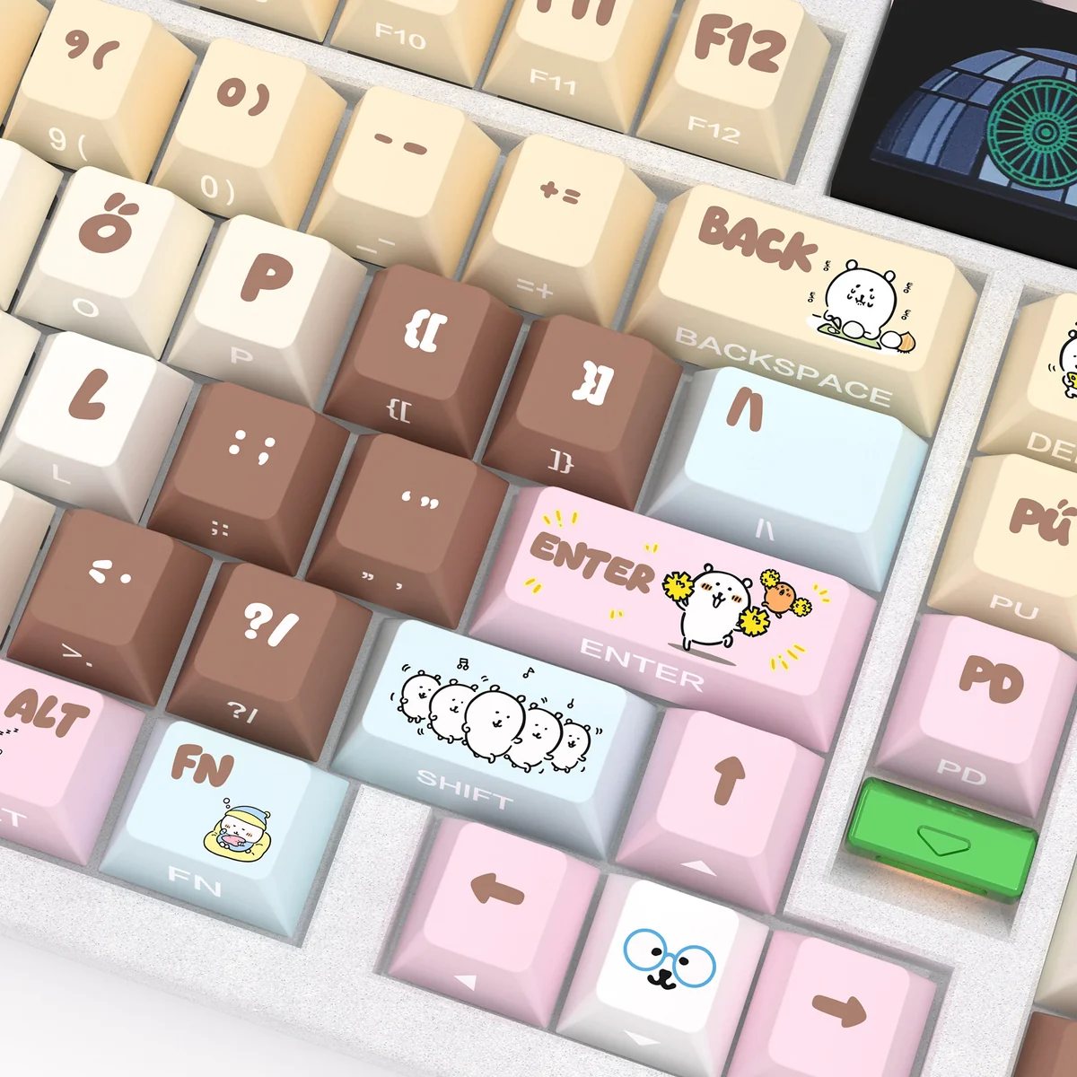 A close-up view of the charming Chiikawa Joke Bear PBT keycaps, revealing their whimsical side-printed legends and soft pastel hues.