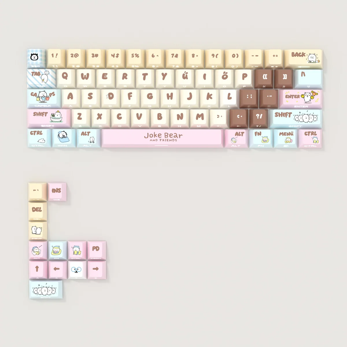 Whimsical Chiikawa Joke Bear PBT keycaps, featuring charming side-printed characters and soft pastel hues.