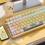 Charming Chiikawa Usagi PBT side-engraved keycaps set. Whimsical Usagi designs, minimalist legends shown from various angles.
