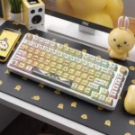 A collection of whimsical Chiikawa Usagi PBT side-engraved keycaps, showcasing various angles and the minimalist legends for a clean keyboard aesthetic.