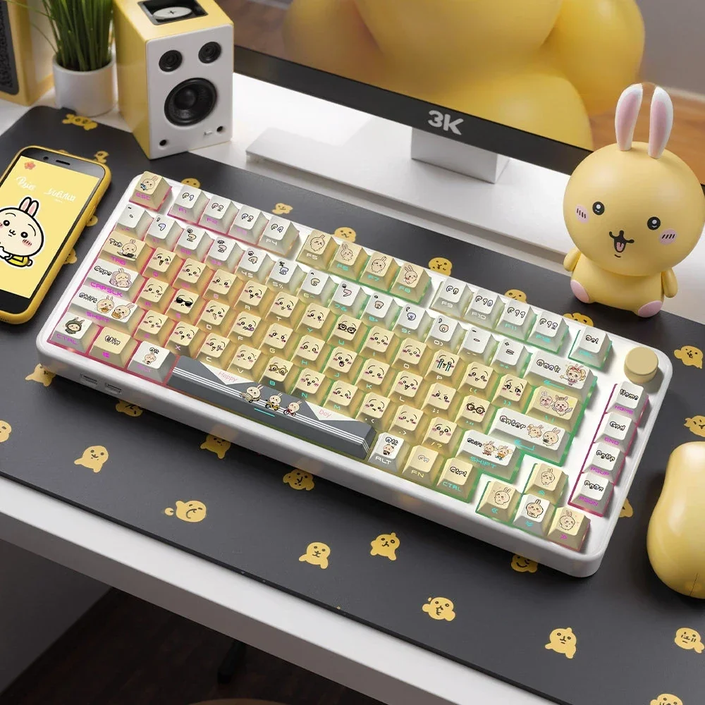 A collection of whimsical Chiikawa Usagi PBT side-engraved keycaps, showcasing various angles and the minimalist legends for a clean keyboard aesthetic.