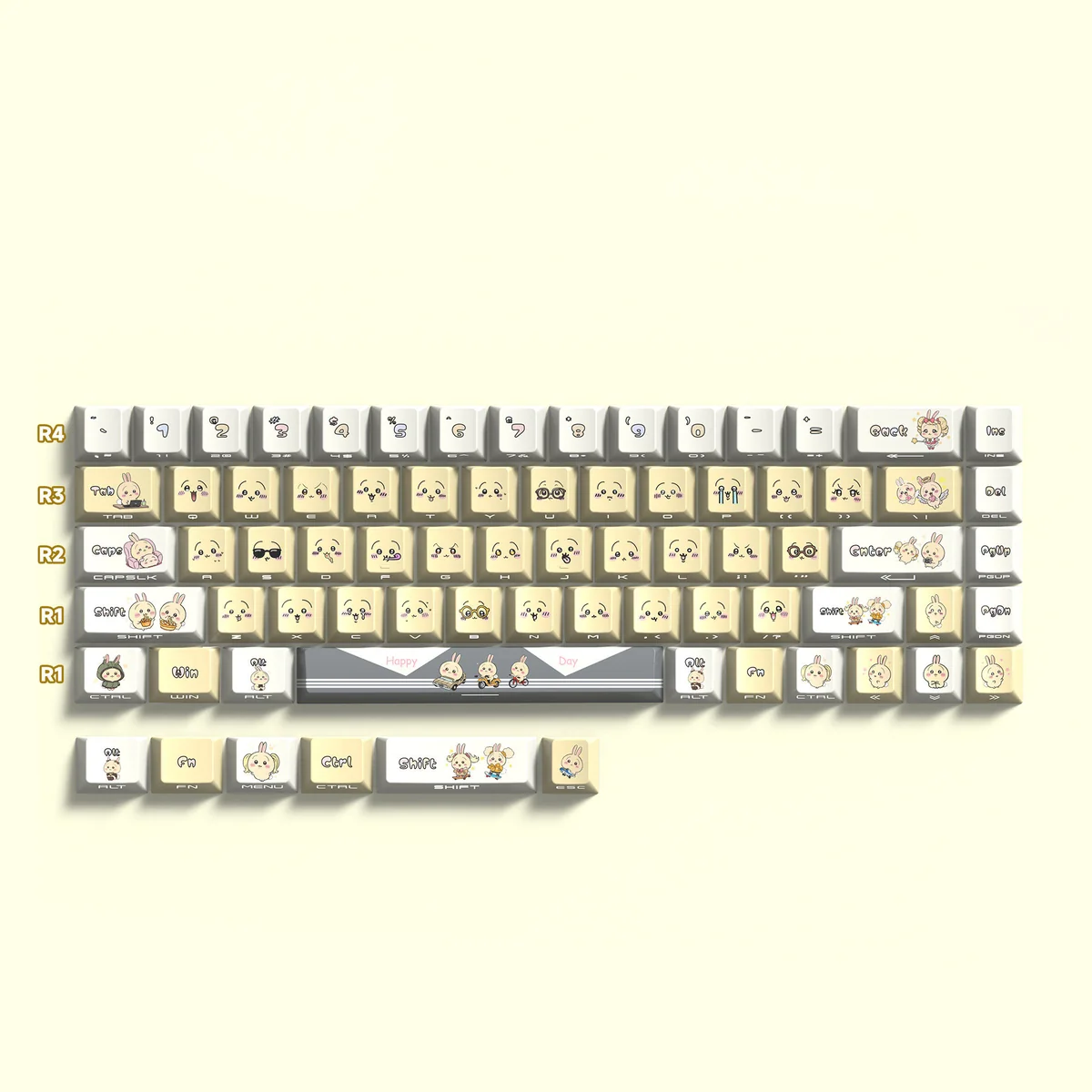 Charming Chiikawa Usagi PBT side-engraved keycaps set. Multiple angles reveal playful Usagi designs, minimalist legends, and the clean PBT aesthetic.