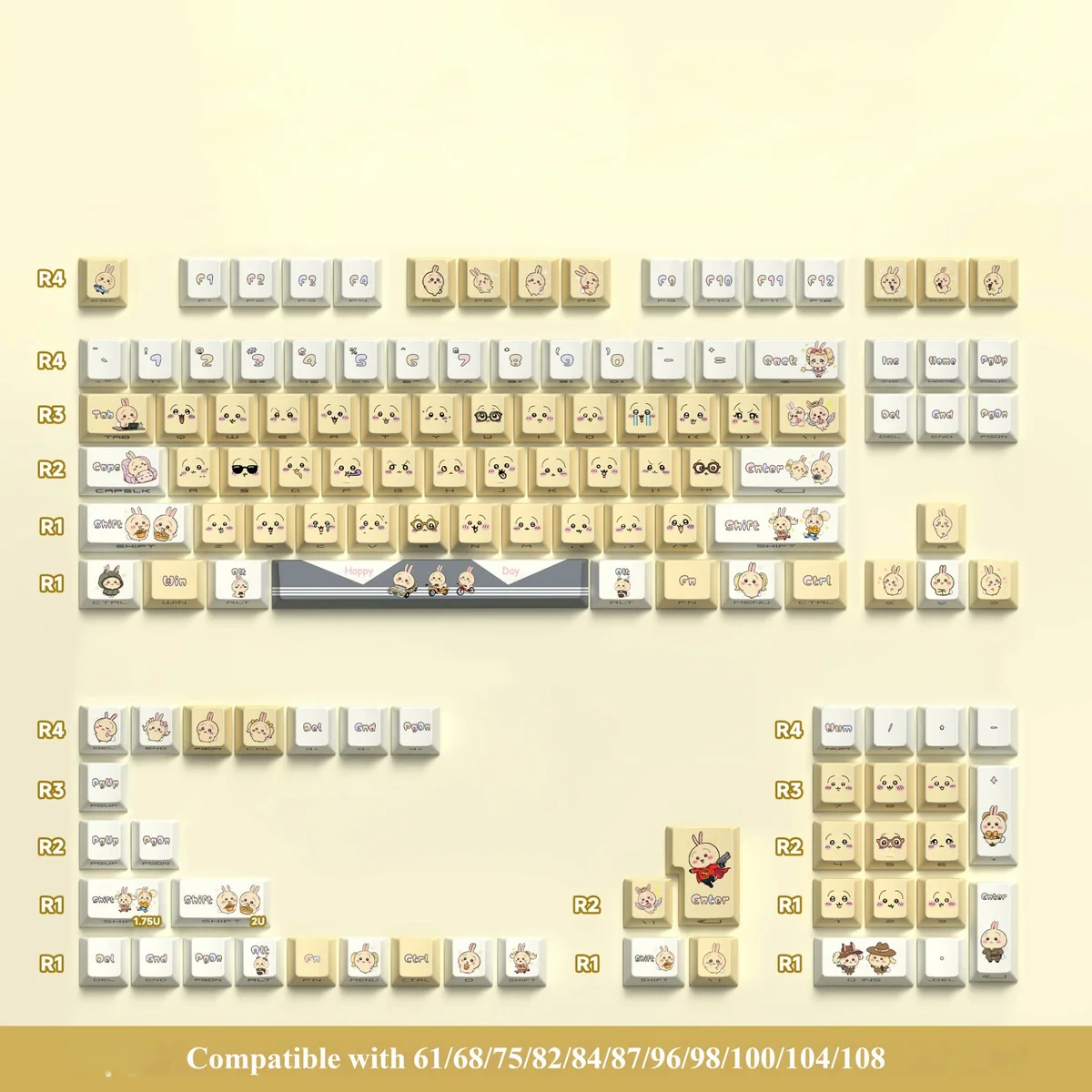 Charming Chiikawa Usagi PBT side-engraved 74-keycap set, designed for 61/68 keyboards, featuring whimsical Usagi characters and minimalist legends.