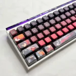 Artistic arrangement of Spectral Chisa Kuchiba MDA Wuthering Waves Keycaps, showcasing translucent PBT and vibrant RGB lighting on character.