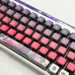 Close-up views of the Spectral Chisa Kuchiba Wuthering Waves MDA keycaps set, highlighting translucent PBT and vibrant RGB lighting from variant angles.