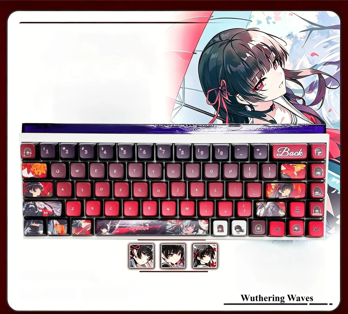 Spectral Wuthering Waves Chisa Kuchiba MDA Keycaps set, illuminated by vibrant RGB lighting, showcases translucent PBT with artistic character.