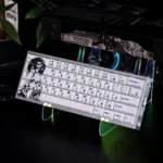 Close-up views of vibrant Citrus Mei Aihara PBT dye-sub keycaps, highlighting intricate anime artwork and premium finish from multiple perspectives.