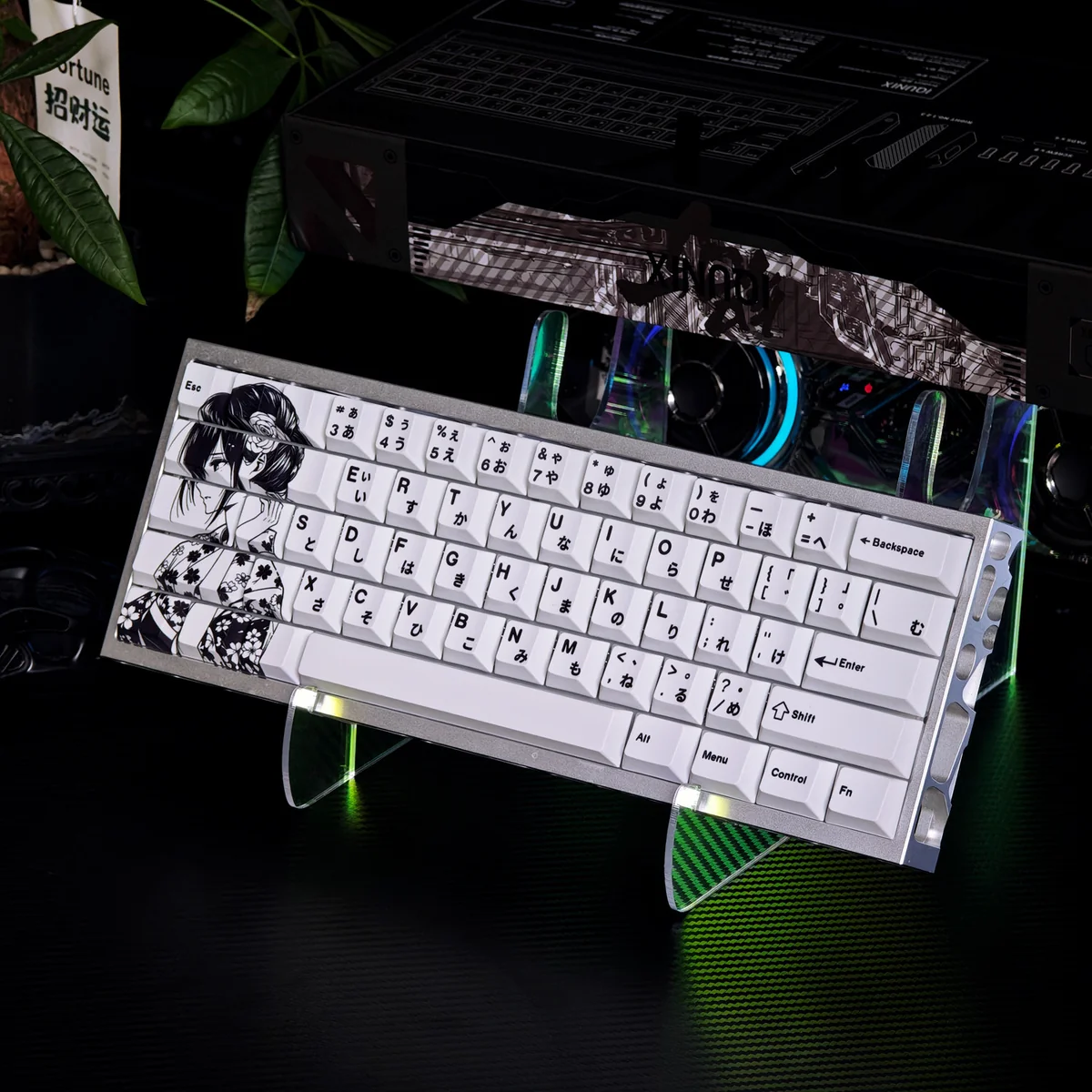 Close-up views of vibrant Citrus Mei Aihara PBT dye-sub keycaps, highlighting intricate anime artwork and premium finish from multiple perspectives.