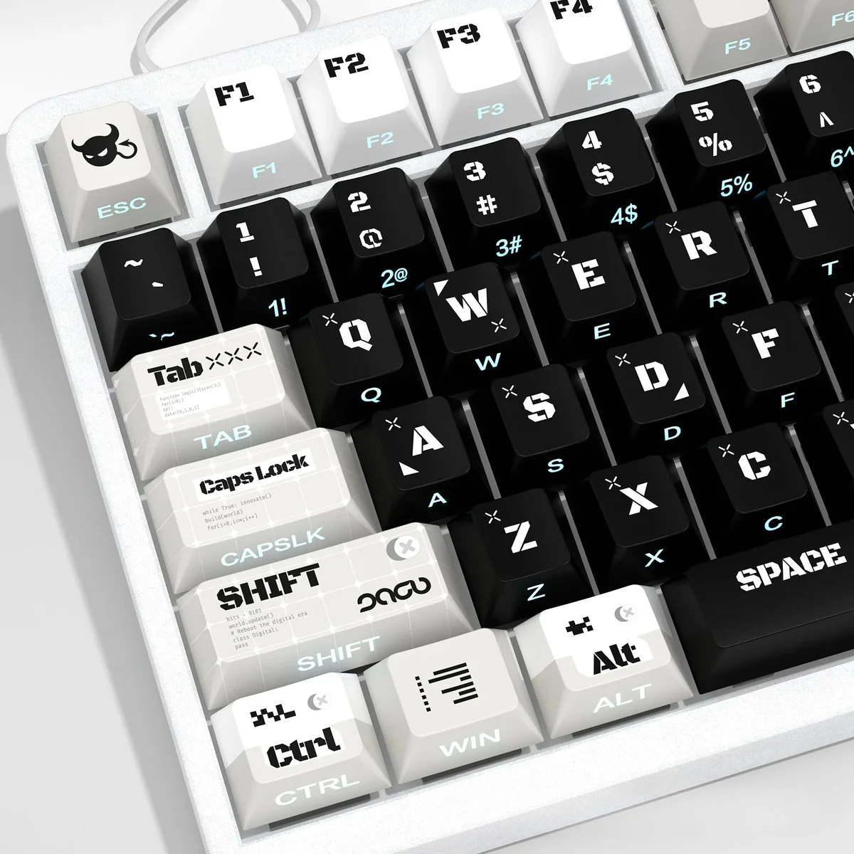 Code Invasion Keycaps, showcasing the dark, futuristic hacker aesthetic from multiple angles with glowing side-printed hacker legends, perfect for a futuristic keyboard.
