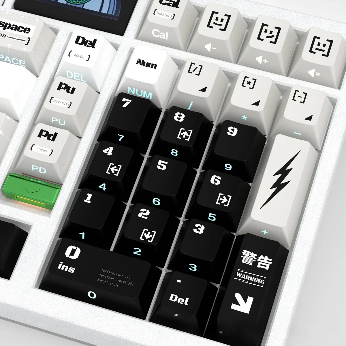 Artistic gallery view of Code Invasion keycaps, highlighting glowing minimalist legends and futuristic hacker design.