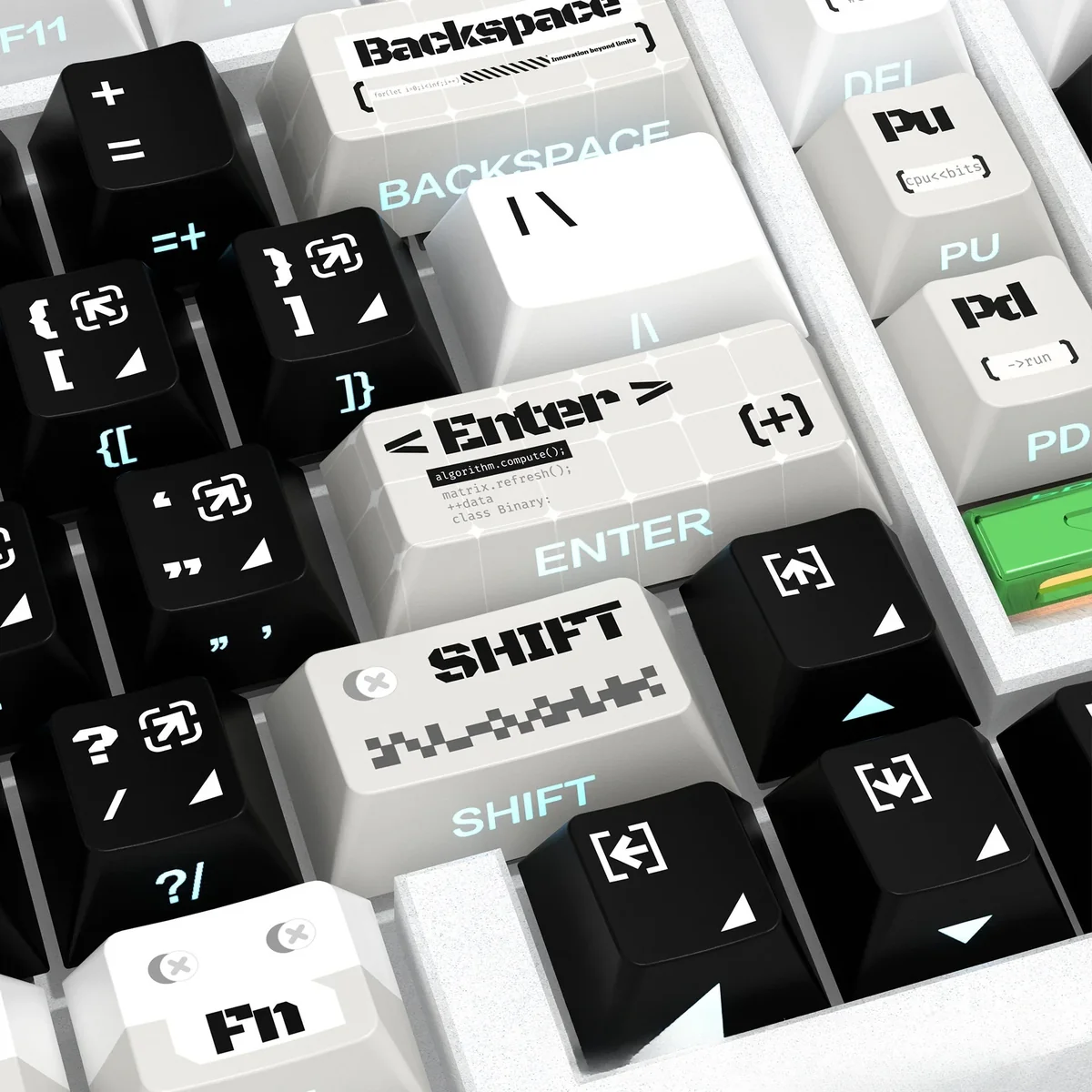 A close-up view of the Code Invasion Keycaps, showcasing the side-lit design with minimalist glowing legends against a dark, futuristic hacker design.