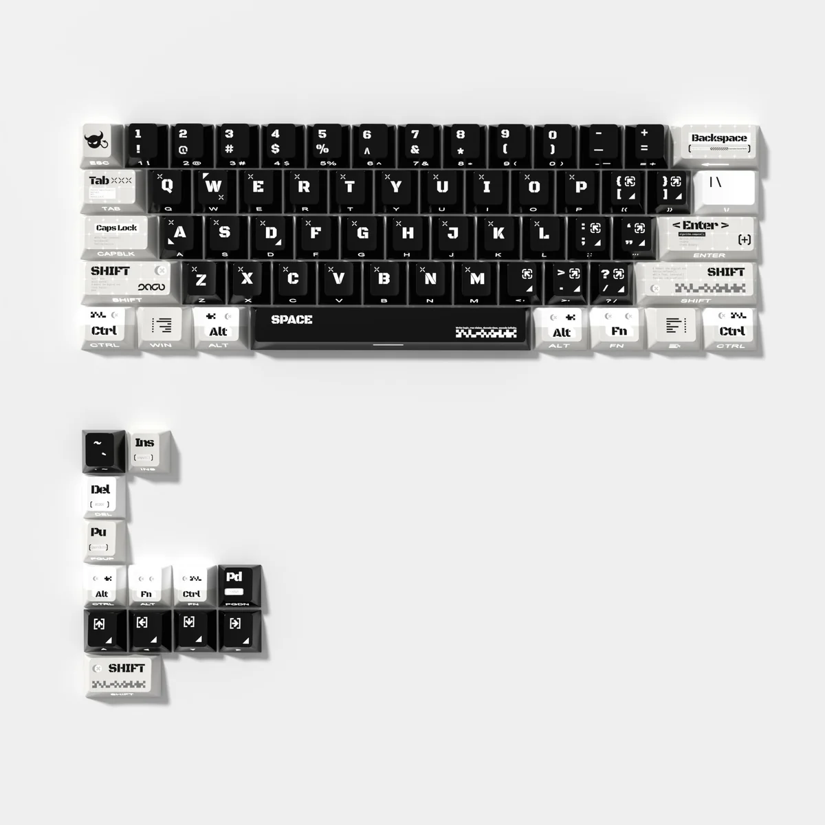 Code Invasion Keycap set. Detailed artistic views reveal the dark, hacker-themed design with glowing side-printed hacker legends, perfect for a futuristic keyboard.