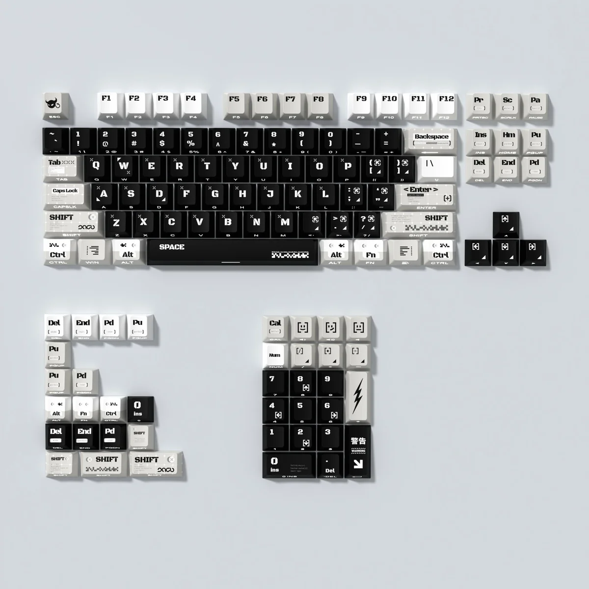 Code Invasion Cyberpunk Keycaps gallery: side-lit design, glowing, minimalist hacker-themed legends.