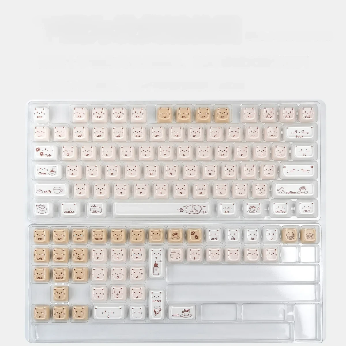 Handcrafted whimsical coffee kitten jelly artisan keycap set, showcasing its unique and playful coffee-themed design from a delightful design.
