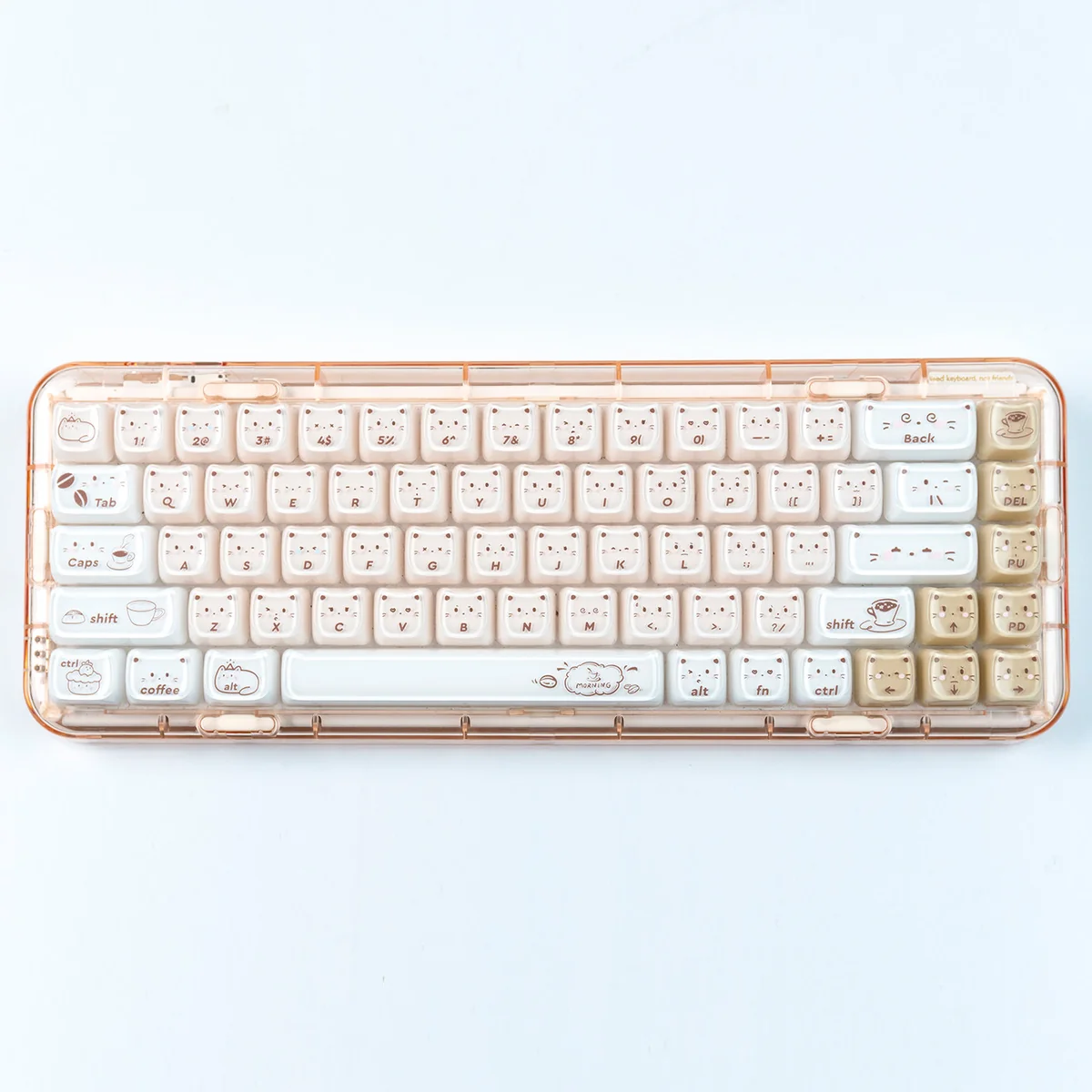 Whimsical handcrafted coffee kitten jelly artisan keycap set, showcasing a playful kitten design encased in clear design.
