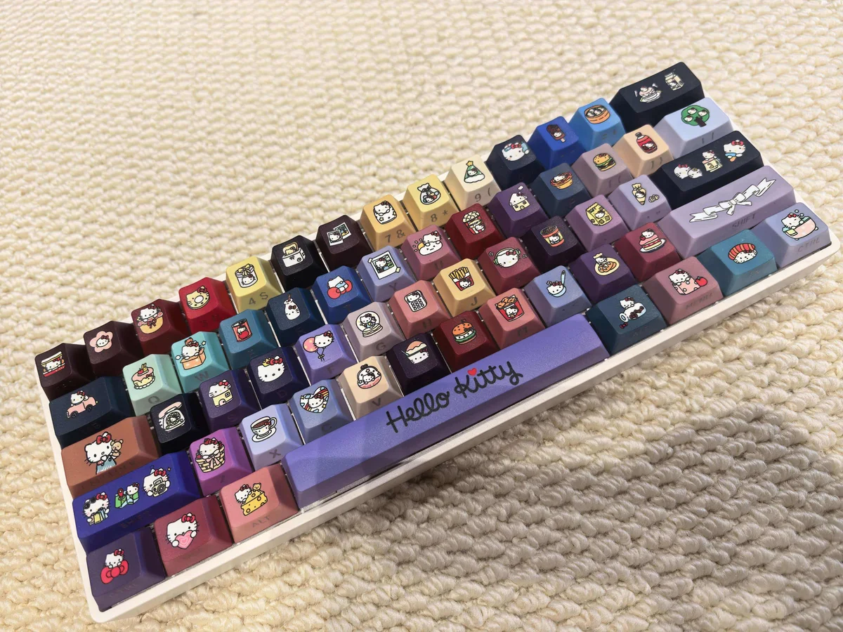 Playful Hellokitty PBT side-lit Cherry profile keycaps set, shown from multiple angles. Features iconic characters and crisp side-printed legends.