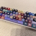A playful gallery of Hellokitty PBT side-lit Cherry profile keycaps, showcasing iconic characters and crisp side legends from various angles for vibrant hues design.