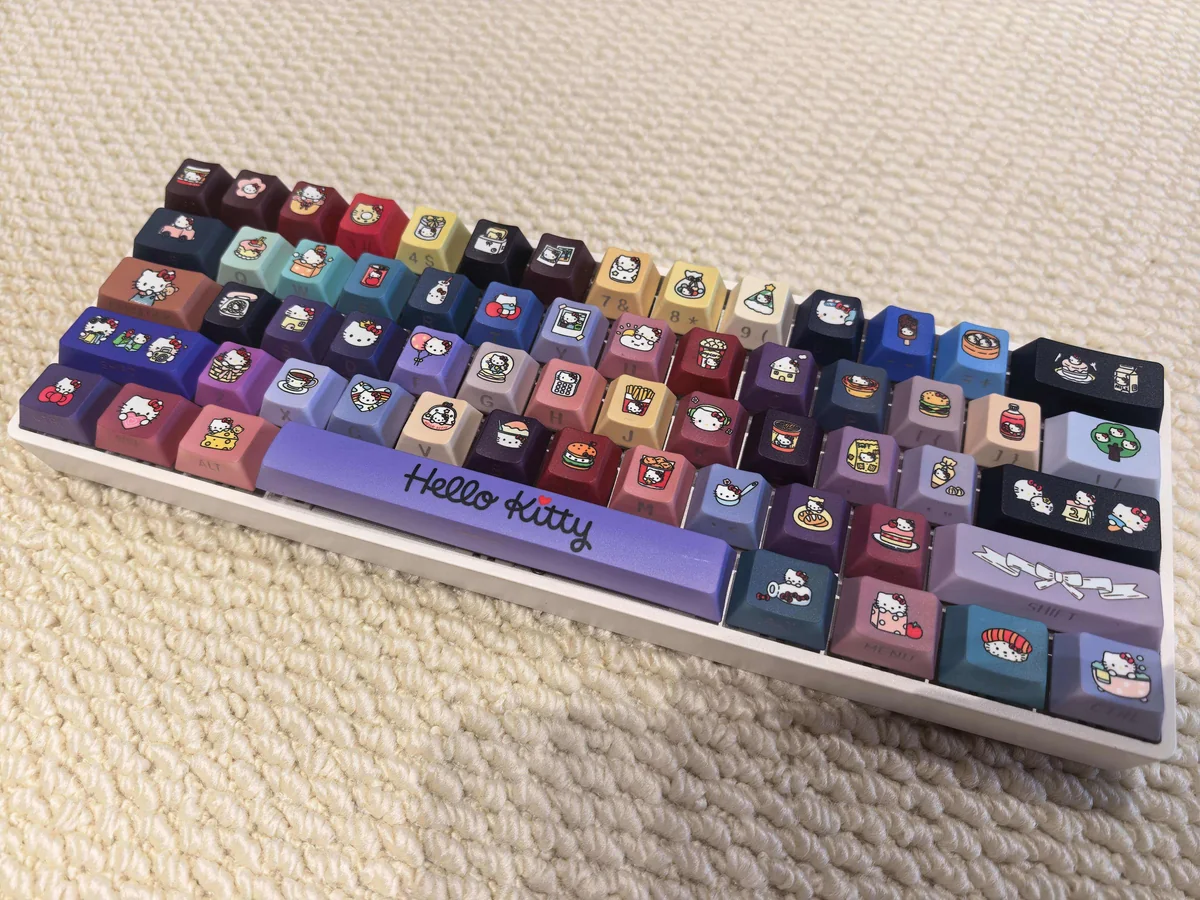 A playful gallery of Hellokitty PBT side-lit Cherry profile keycaps, showcasing iconic characters and crisp side legends from various angles for vibrant hues design.