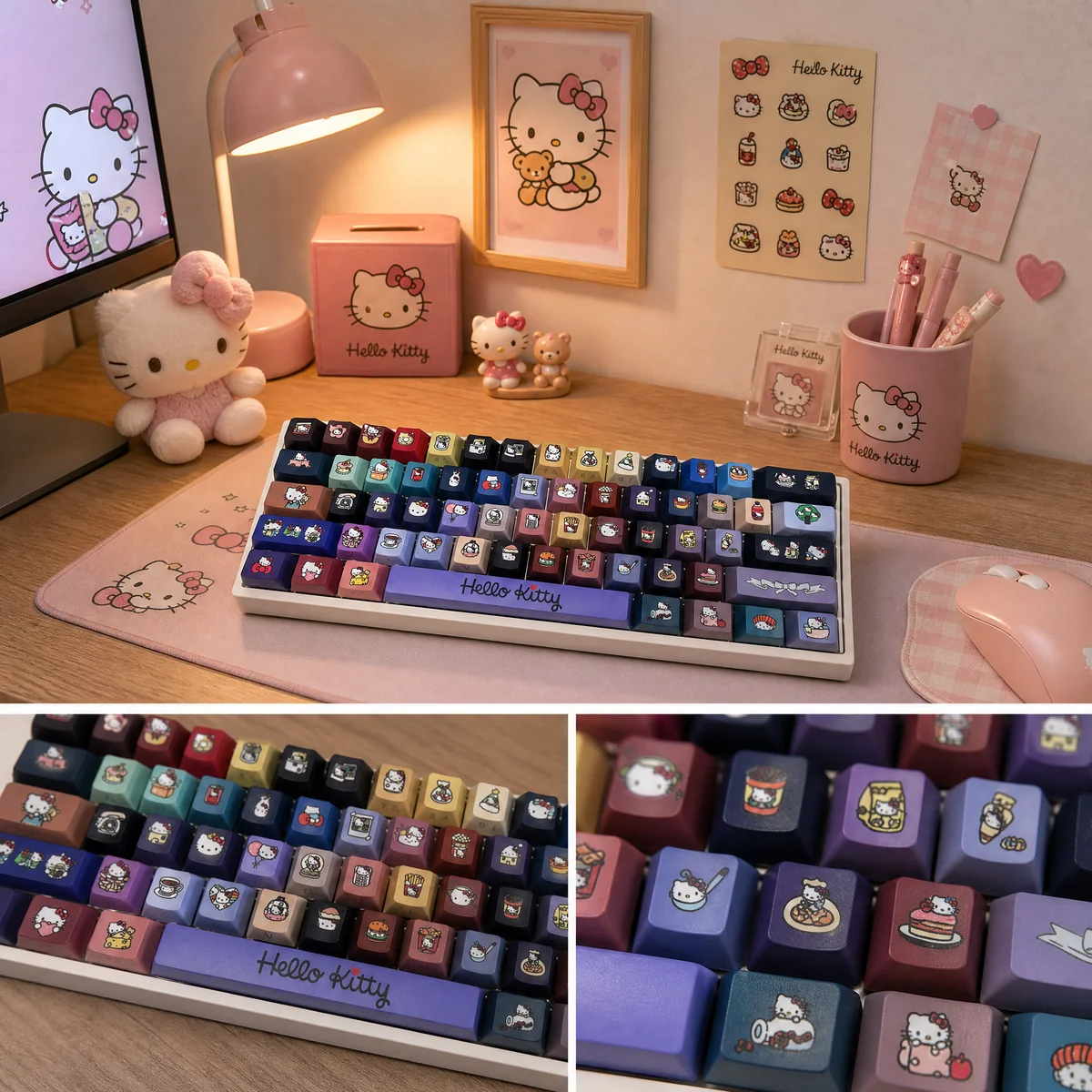 Playful Hellokitty PBT side-lit Cherry profile keycaps set, showcasing iconic characters and crisp legends from multiple angles for a vibrant, personalization setup.