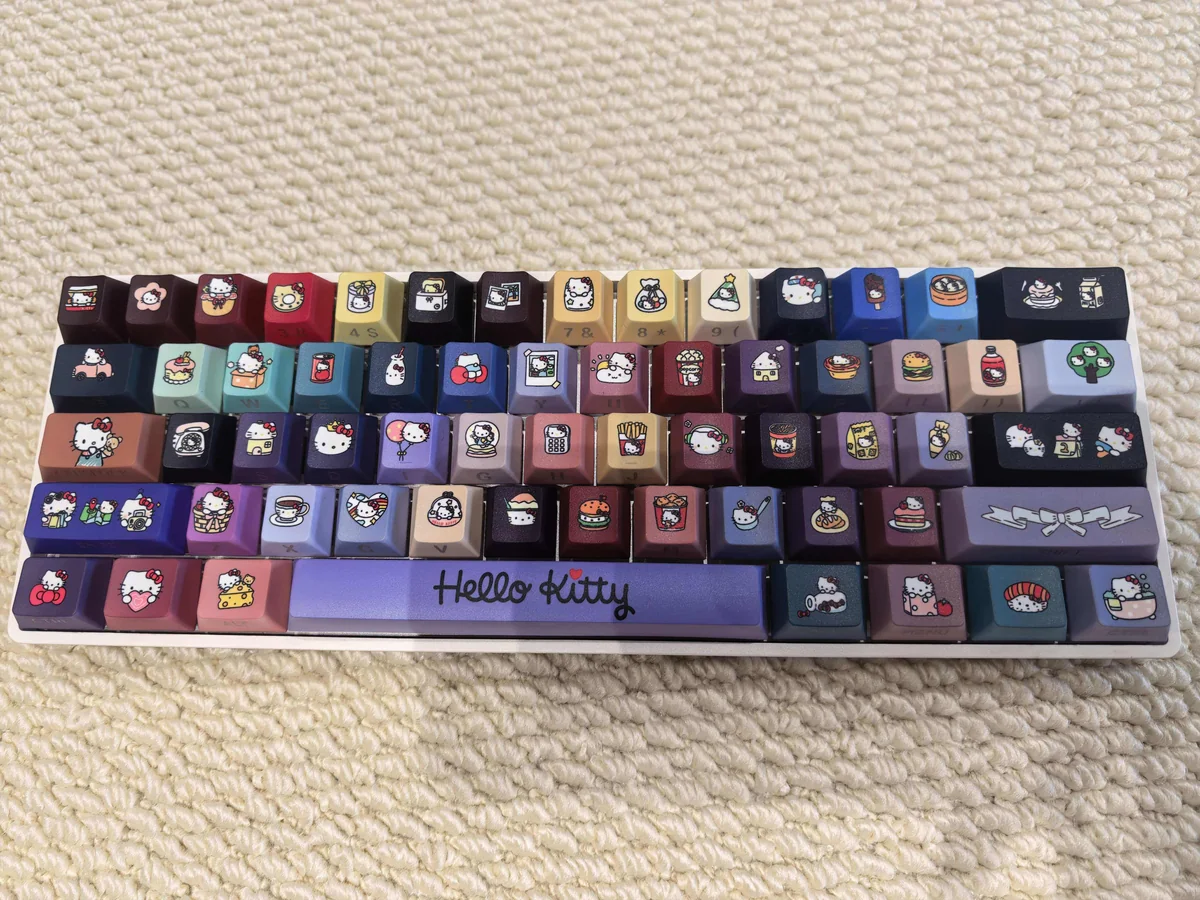 Hellokitty PBT Side-Lit Cherry Profile Keycaps Set from various angles. Iconic characters and crisp side legends for a vibrant, personalized keyboard.