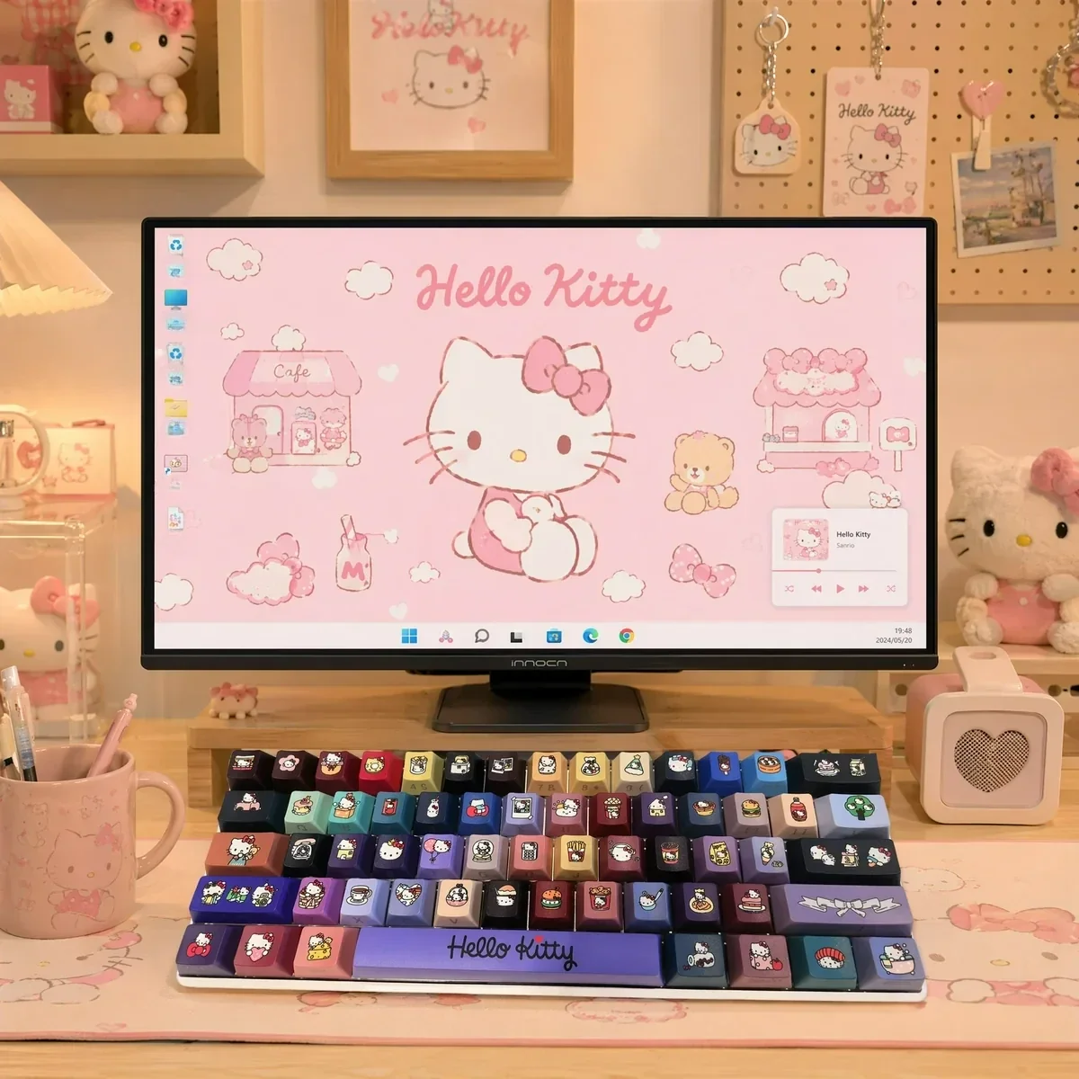 Playful Hello kitty PBT side-lit keycaps set in Cherry profile featuring iconic characters, perfect for a vibrant, personalized keyboard setup.