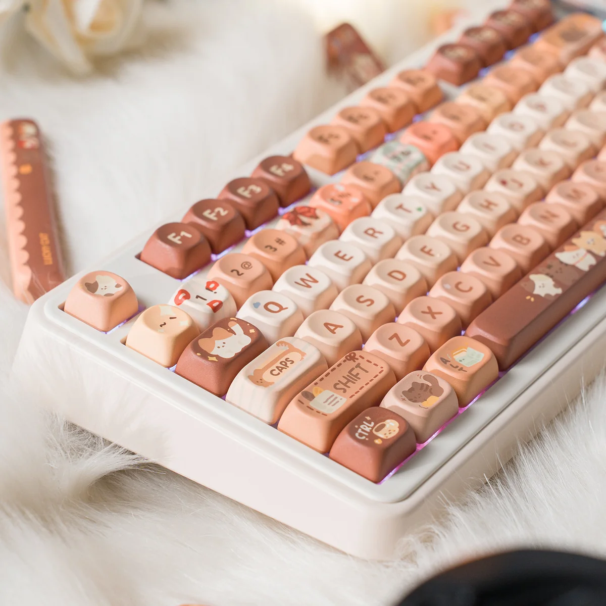 Durable PBT Dye-sublimated Cat Cafe keycaps, with whimsical cat illustrations and warm coffee palette, highlighting cozy cafe aesthetics.
