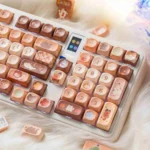 Cozy Cat Cafe PBT dye-sublimated keycaps set. Whimsical cat illustrations, warm coffee palette, and durable PBT create an artistic, cafe-themed keyboard.