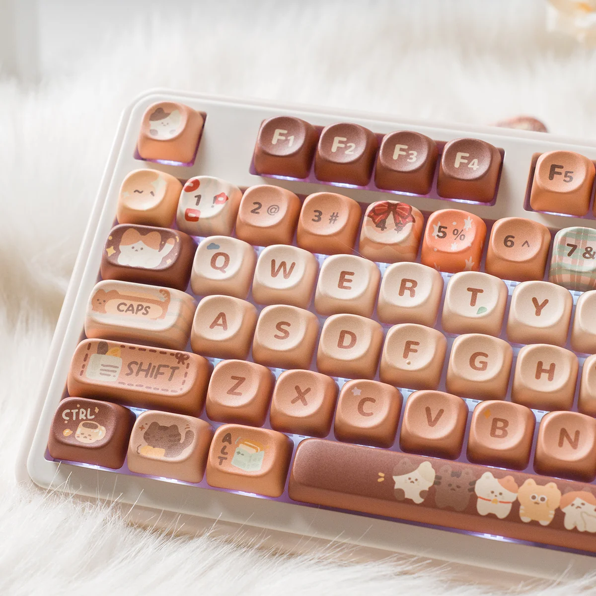Durable PBT Dye-sublimated Cat Cafe keycaps from various angles. Whimsical cat illustrations and warm coffee colors for a cozy, artistic keyboard.