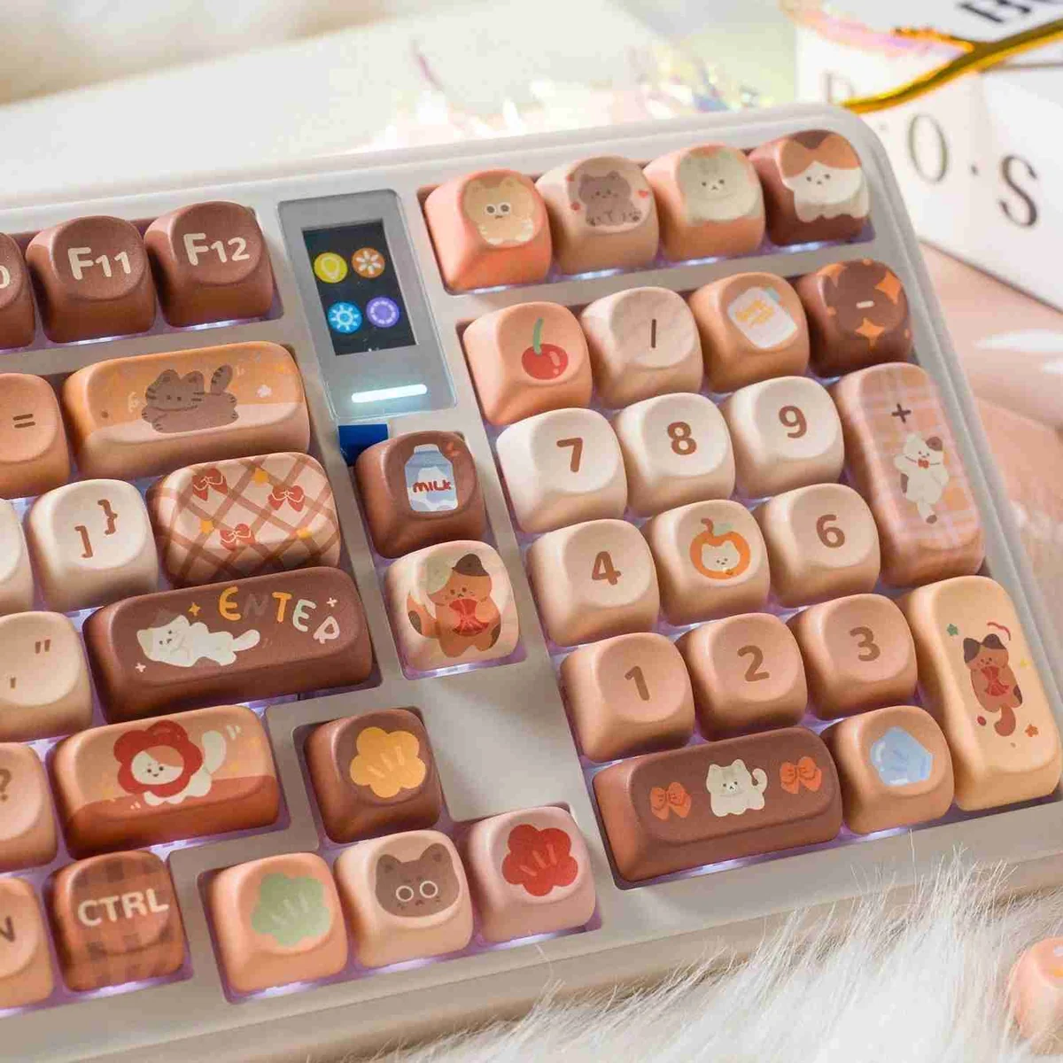 Detailed view of the durable PBT Cat Cafe keycaps, highlighting artistic cat illustrations and a cozy coffee aesthetic from a fresh perspective.