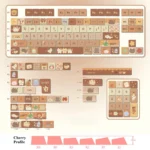 Whimsical MOA profile Cat Cafe Keycaps set, 143 durable PBT dye-sublimated keys featuring cozy cat illustrations and warm coffee colors.