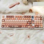 Cozy Cat Cafe PBT Dye-sublimated Keycaps Set featuring whimsical cat illustrations and a warm coffee palette for a durable, artistic keyboard upgraded.