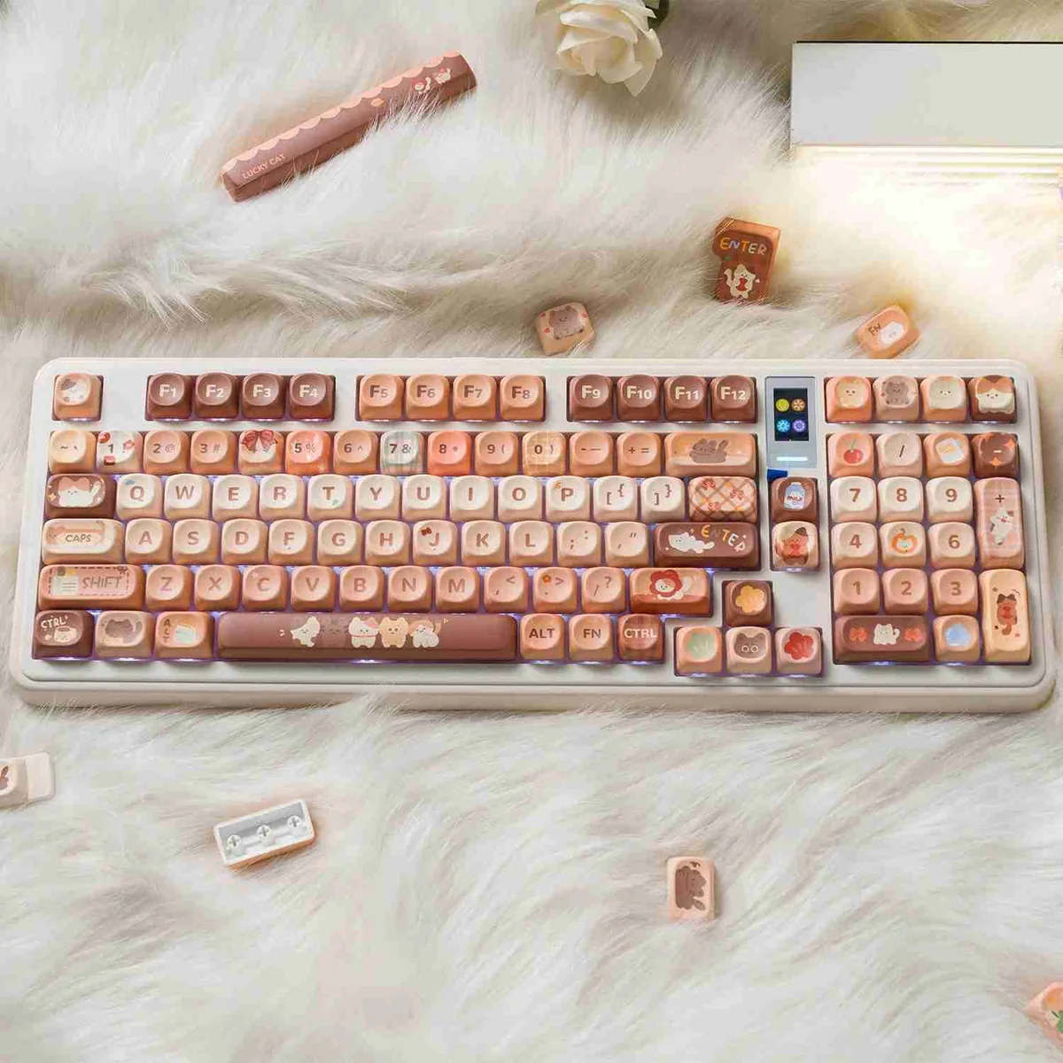 Cozy Cat Cafe PBT Dye-sublimated Keycaps Set featuring whimsical cat illustrations and a warm coffee palette for a durable, artistic keyboard upgraded.